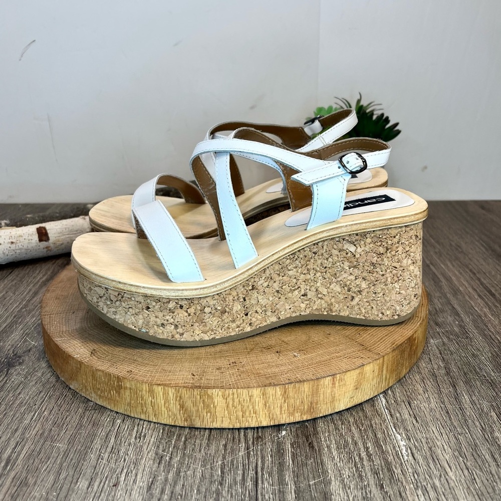 *VINTAGE Candie’s White Leather Platform Cork Wedges | Made in Brazil | Size 8